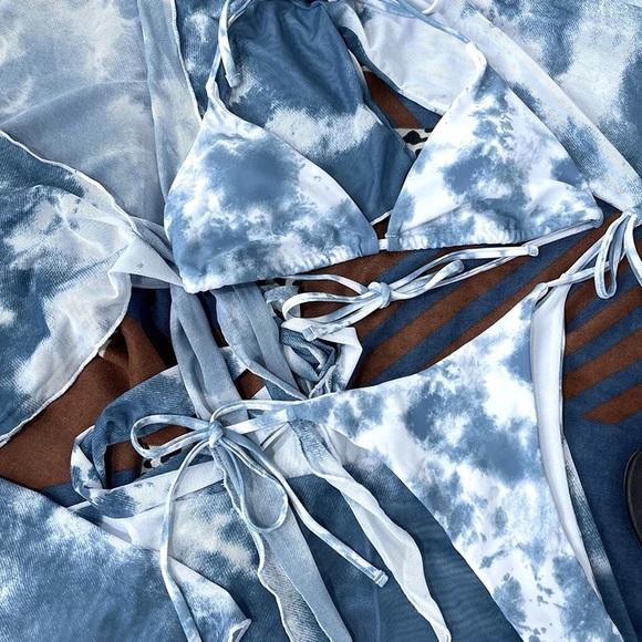 Baby Blue Boho Beachy Tie Dye 4 Piece Bikini Set - Picture 3 of 4